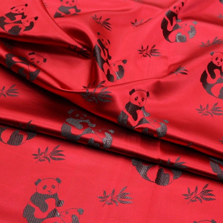 Tissu satiné brodé Panda : tissu de couture chinois à motifs de feuilles de bambou (largeur 45")