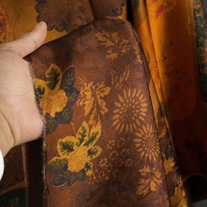 Ancient Dunhuang Tea Silk Satin Fabric: Digital Print, 59"W
