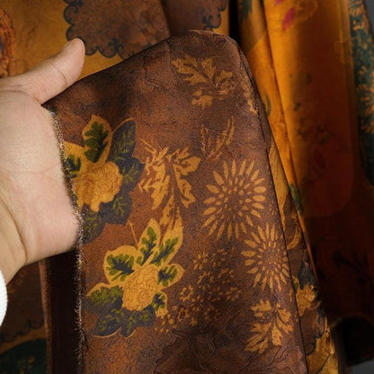 Ancient Dunhuang Tea Silk Satin Fabric: Digital Print, 59"W
