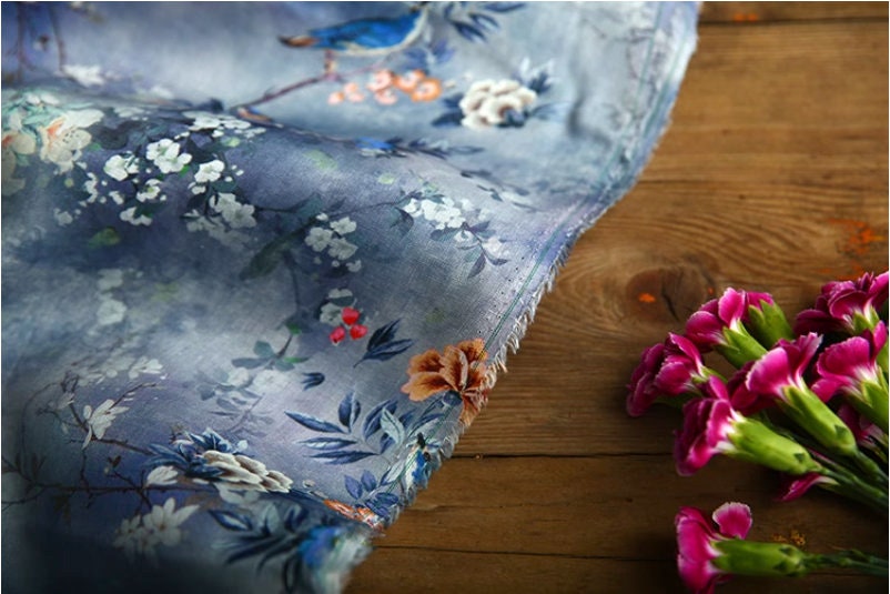 Floral Bird Print Ramie Fabric: Sustainable Apparel & Home Decor, 55"W