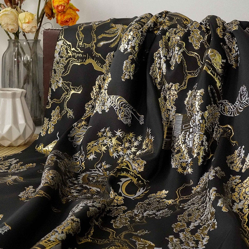Gold Thread Jacquard Fabric: 3D Embossed Woven Material, 63"W