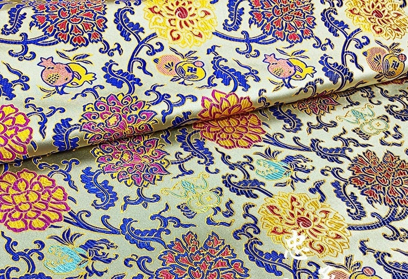 Lotus Silk Brocade Fabric: Colorful Cheongsam Qipao Material, 29.5"W