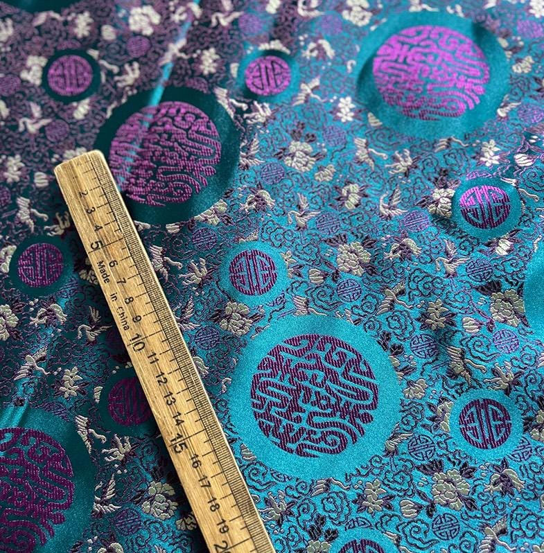 Japanese Crane Jacquard Satin Fabric: Birds & Pale Gold Upholstery Fabric