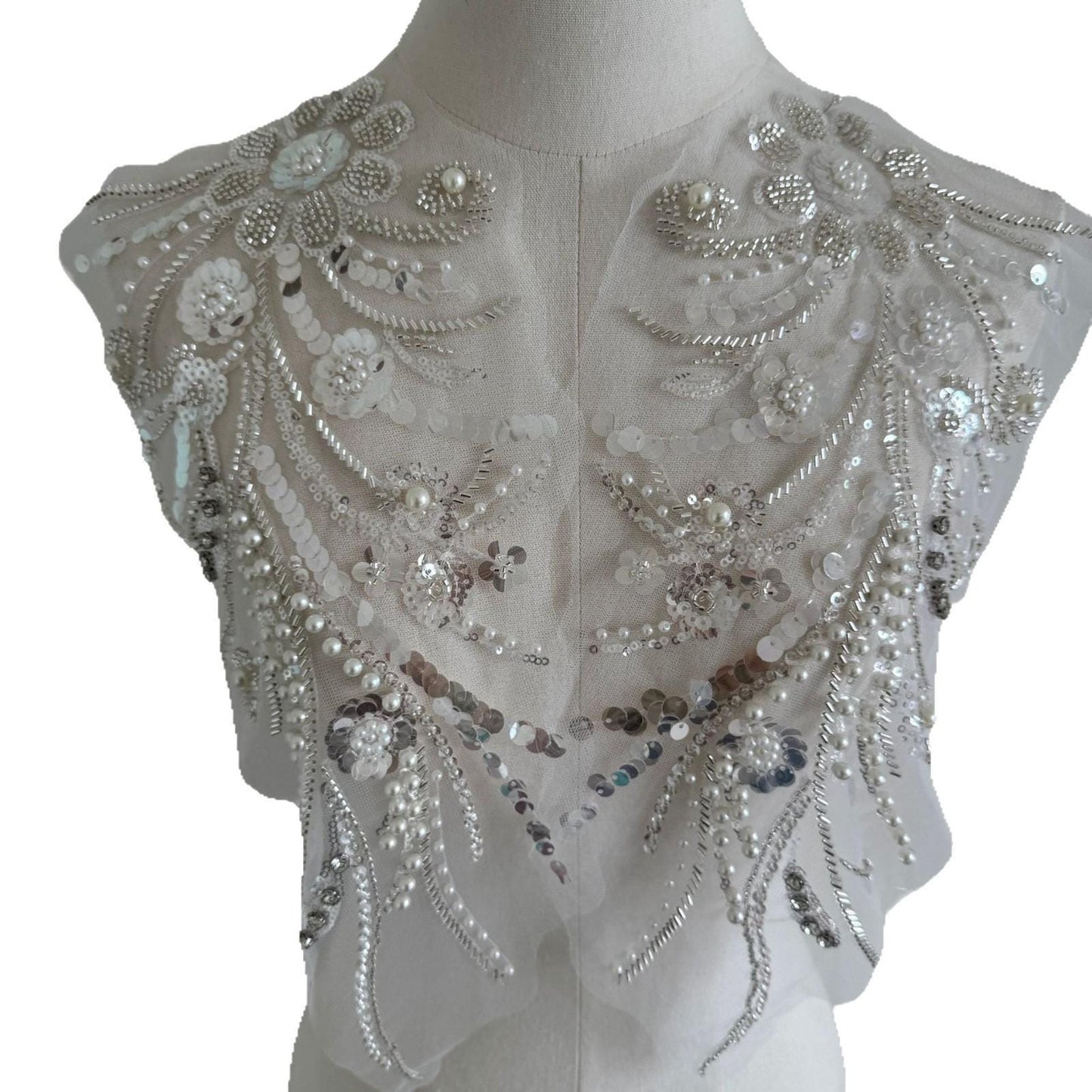 Embroidered Lace Trim: Beaded Sequin Applique - Bridal Wedding Dress (By Pair)