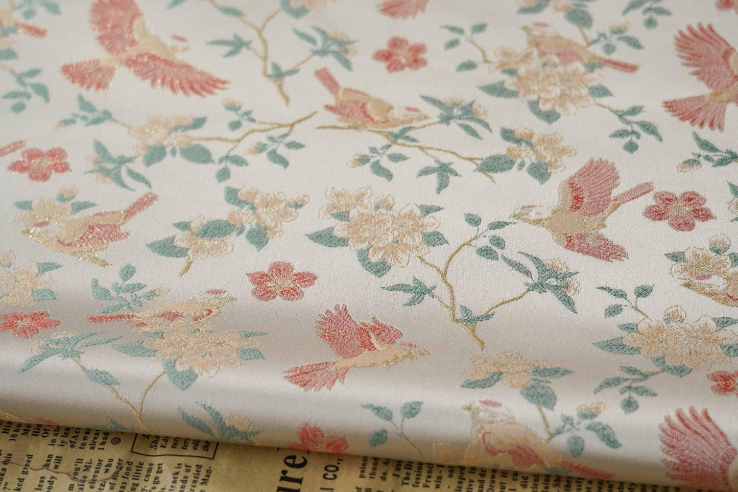 Crane Bird Jacquard Satin Fabric: 59"W Brocade Upholstery & Drapery