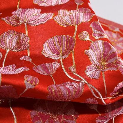 Lotus Jacquard Brocade Fabric: Red Silk Blend, Costume & Decor - 57�ï