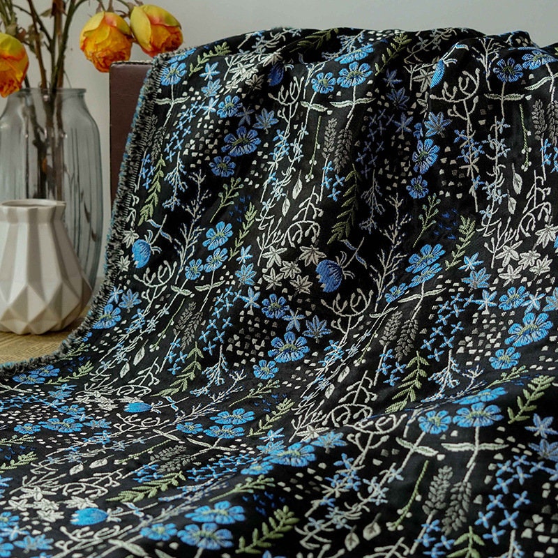 Blue Flower Jacquard Fabric: 3D Relief Polyester, 57" Wide
