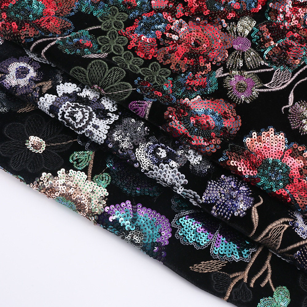 Embroidered Velvet Fabric: Bamboo Floral, 49��� Wide - Cheongsam, Upho