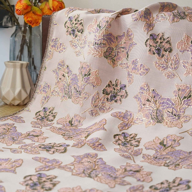 Gold Thread Floral Jacquard Fabric: 3D Cloisonne Texture, 55" Wide
