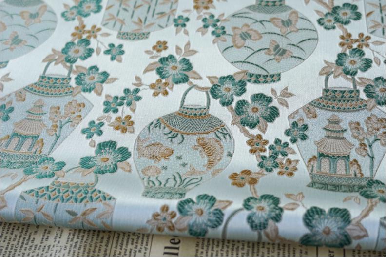 Jacquard Brocade Fabric: Chinese Floral Vase Design, 65" Wide