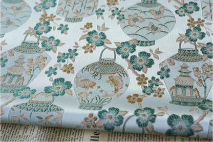 Jacquard Brocade Fabric: Chinese Floral Vase Design, 65" Wide