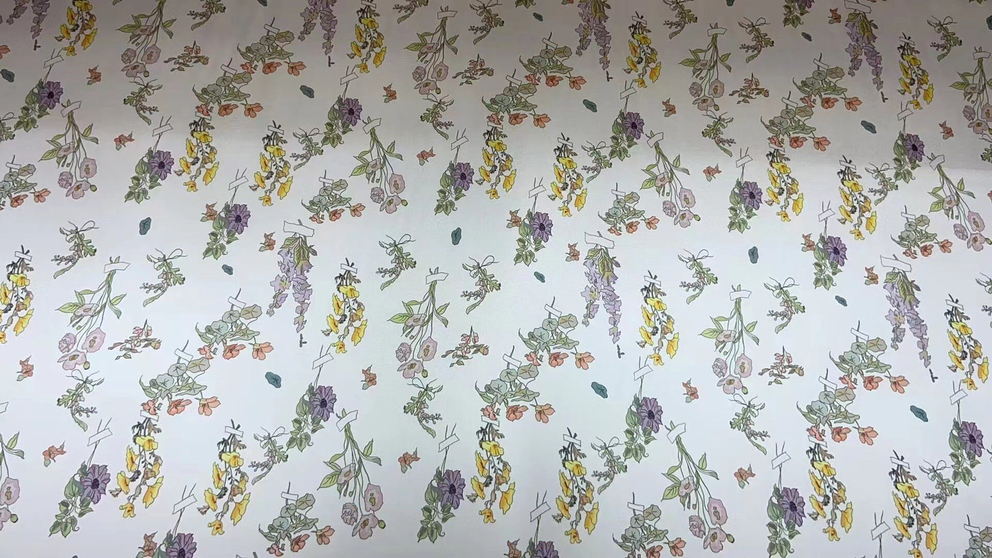 Floral Satin Fabric: Beige Soft Printed Polyester Spandex Blend, 59" Wide