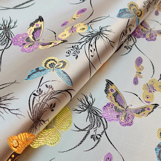 Tissu damassé en brocart de soie à papillons : largeur 45 pouces, pour la couture et l’ameublement