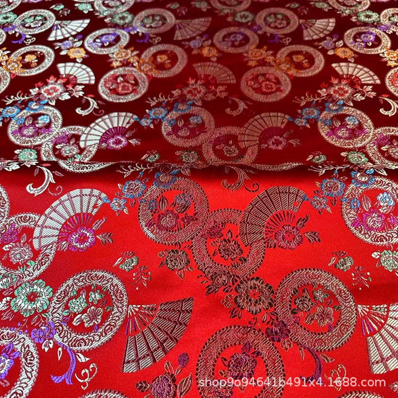 Gold Nishijin Brocade Fabric: Japanese Snow Wheel Fan & Cherry Blossom Silk (59"W)