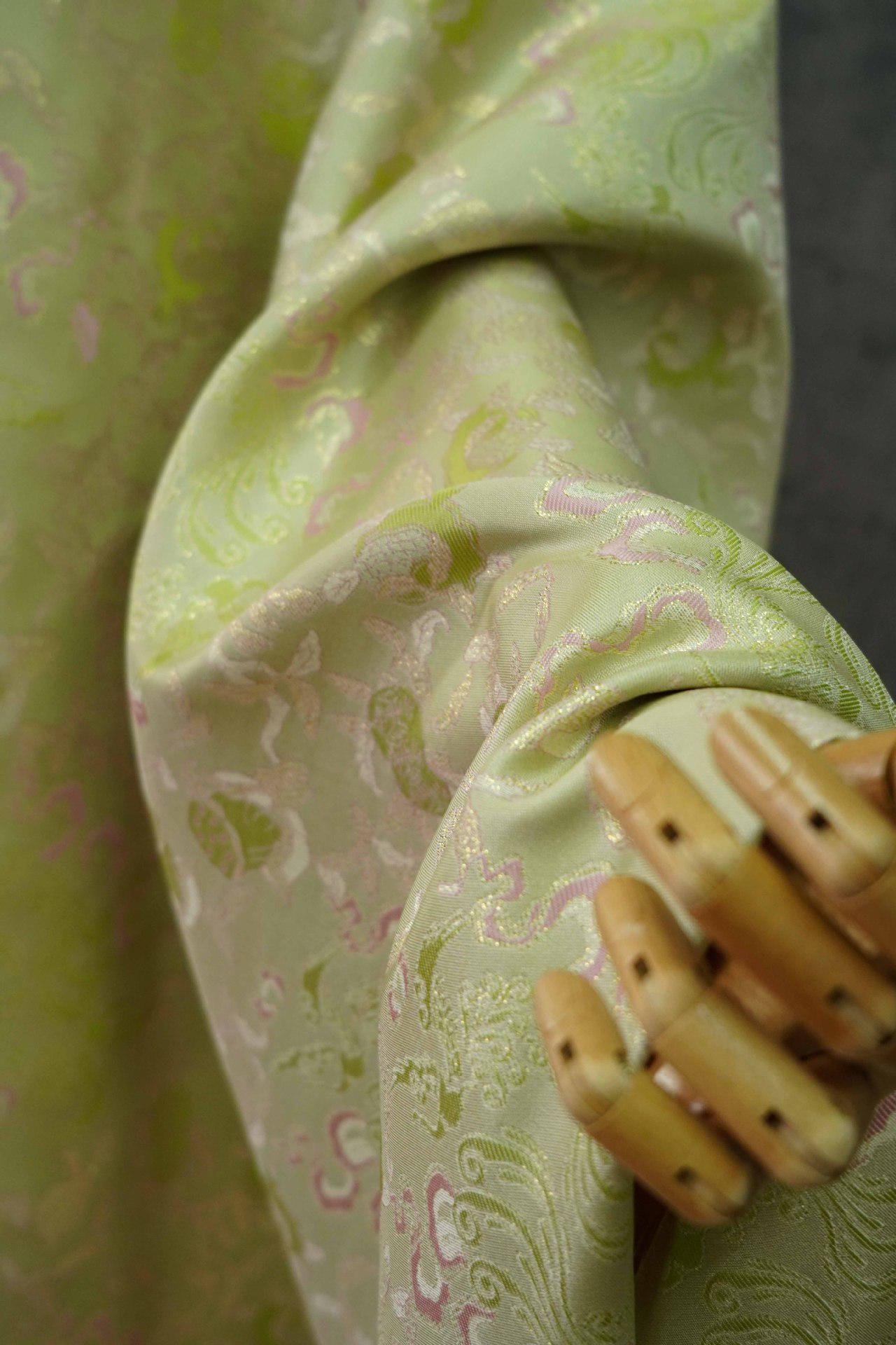 Bean Green Jacquard Fabric with Gold Thread: 55" Wide