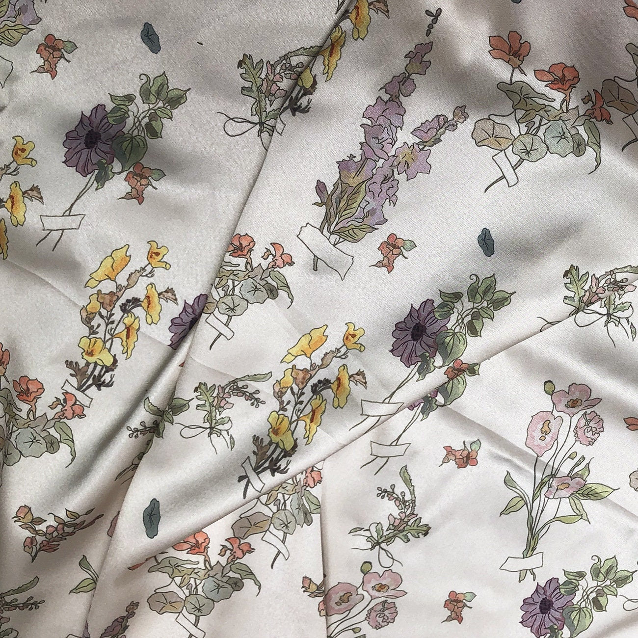 Floral Satin Fabric: Beige Soft Printed Polyester Spandex Blend, 59" Wide