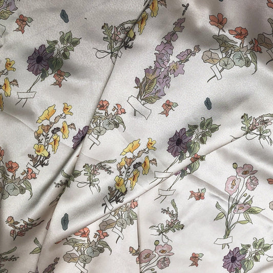 Floral Satin Fabric: Beige Soft Printed Polyester Spandex Blend, 59" Wide