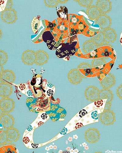 Geisha Dance Cotton Fabric: Japanese Bronzing Print, Sewing, Costume, Home Decor