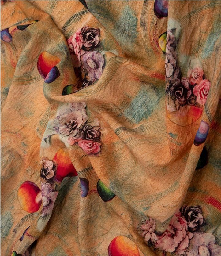 Floral Printed Linen Tencel Fabric: Lightweight Sewing Material, 57"W