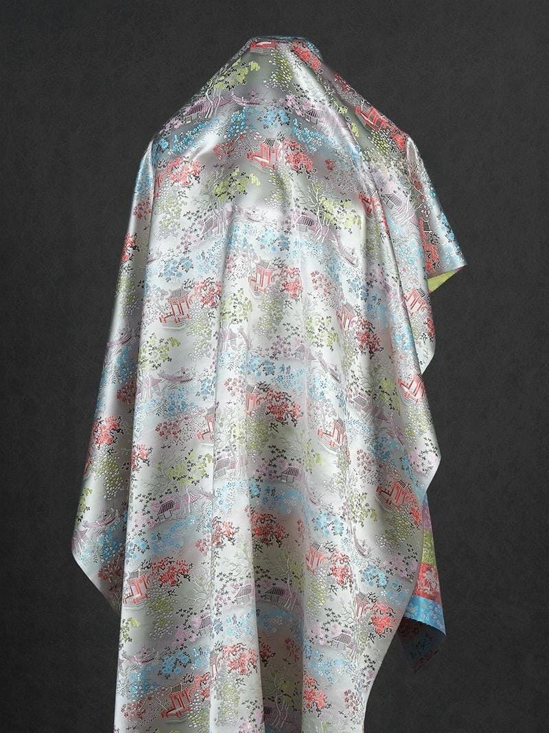 Silver White Brocade Fabric: Ancient Chinese Painting Pattern, 45" Wide