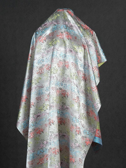 Silver White Brocade Fabric: Ancient Chinese Painting Pattern, 45" Wide
