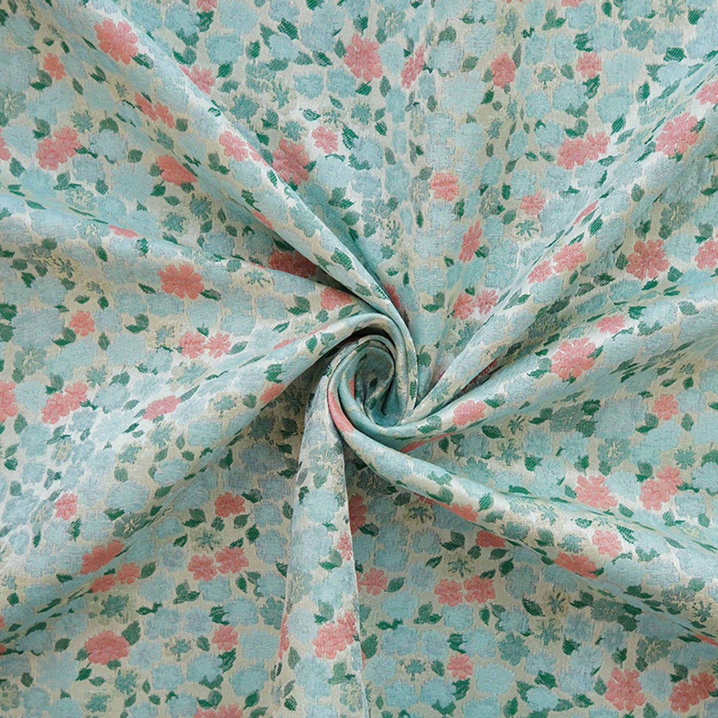 Blue & Pink Floral Jacquard Fabric - 63"W Chinese Style