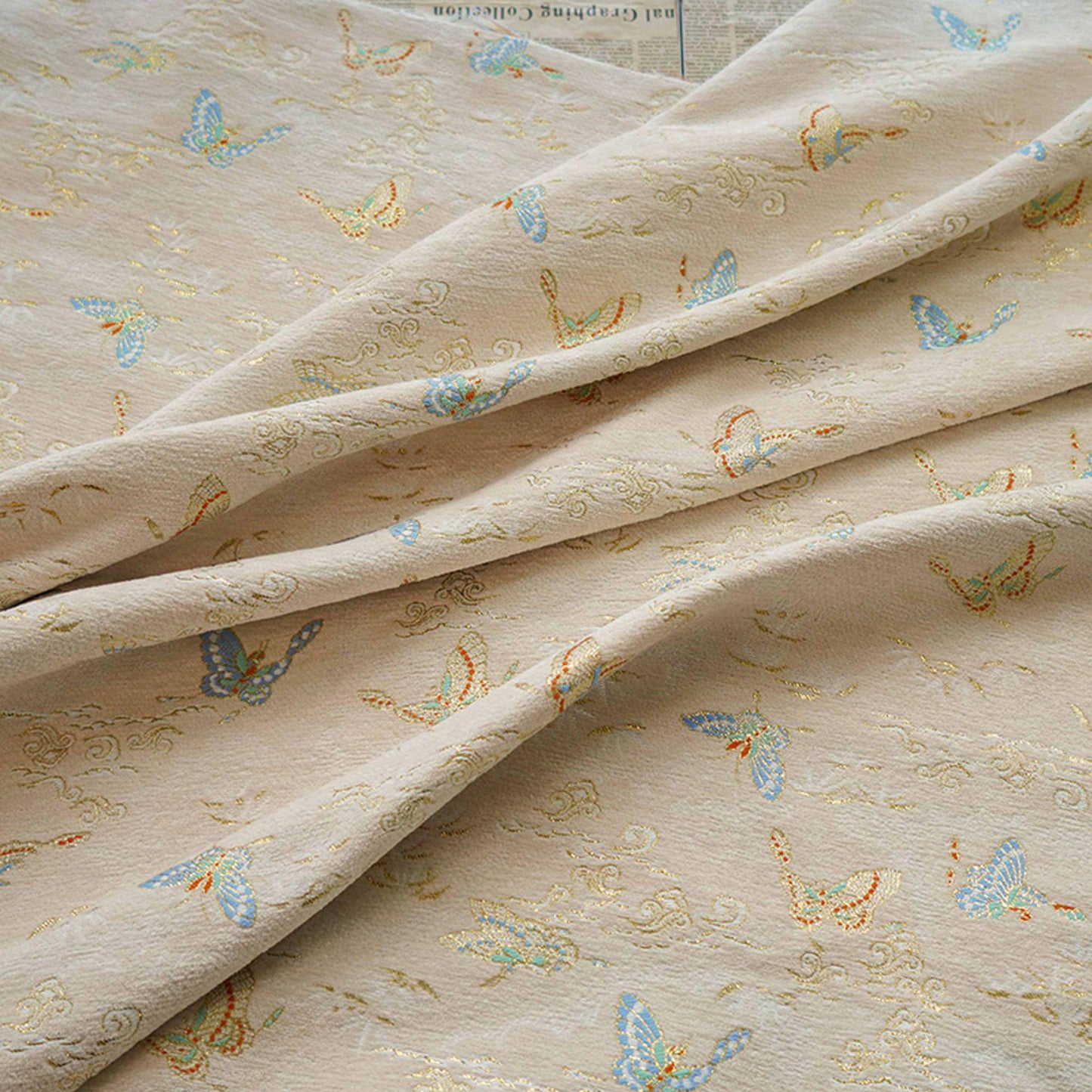 Beige Chenille Jacquard Fabric: Butterfly Foil Upholstery, Costume, Decor