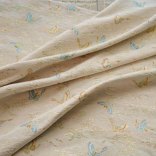 Beige Chenille Jacquard Fabric: Butterfly Foil Upholstery, Costume, Decor