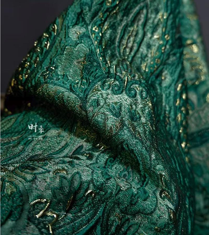 Green Embossed Jacquard Polyester Fabric: 55''W Designer Fabric