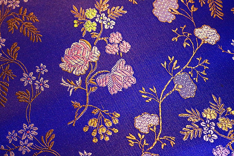 Floral Silk Brocade Fabric: Royal Blue & Purple Cheongsam Qipao (35"W)