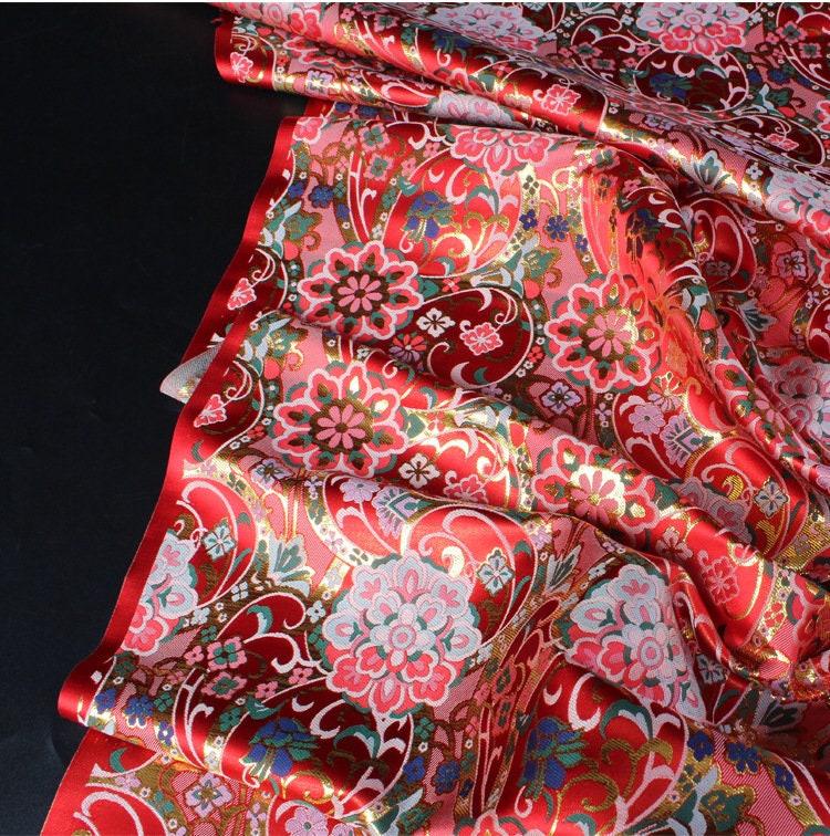 Gold Thread Kinran Fabric: Japanese Style Floral Upholstery, Costume, Decor - 29.5" Wide