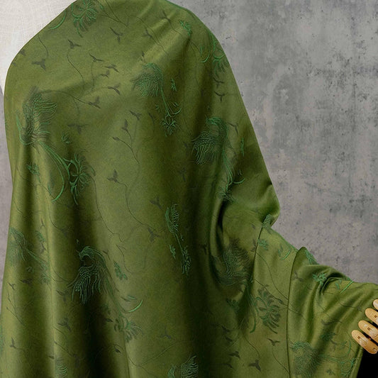 Dark Green Jacquard Fabric with Subtle Phoenix Pattern for Qipao Dressmaking, 54"Wide