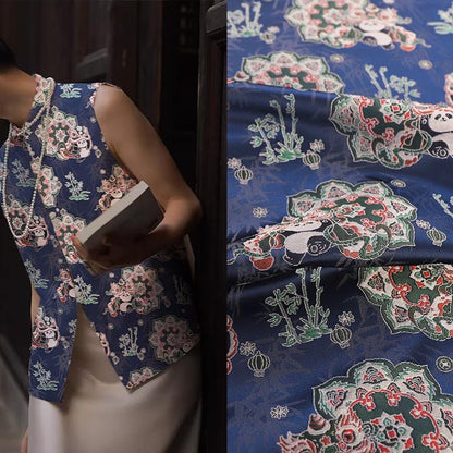 Panda Brocade Fabric: Blue Silk Blend, Cheongsam Qipao Material (58" Wide)