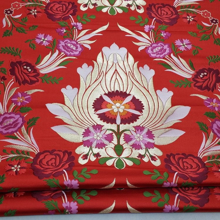 Tissu brocart de soie rouge : motif floral pivoine, 74 cm de large, tissu pour mariage