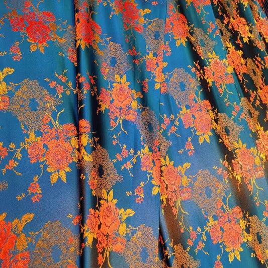 Tissu brocart de soie : motif de roses, tissu de mariage chinois (au mètre)