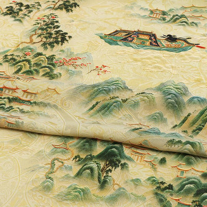 Breathable Light Green Landscape Shimmer Brocade Jacquard Fabric, 59" Wide, 3 patterns