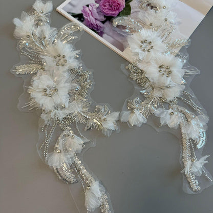 3D Floral Applique ��� Beaded Sequins Mesh Fabric, Wedding Lac