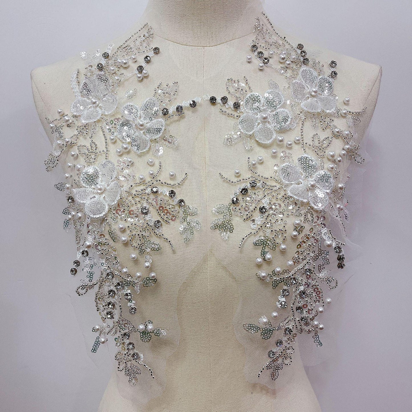 Embroidered Lace Trim: Light Ivory Bridal Applique with Sequins (By Pair)