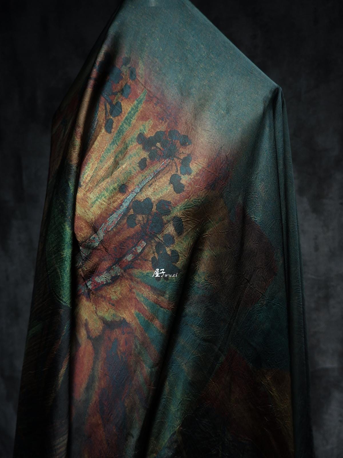 Dark Green Silk Satin Fabric: Dunhuang Pattern Sewing Material, 55"W