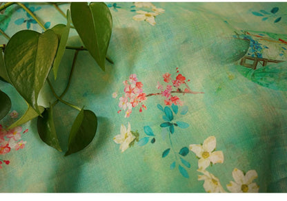 Floral Ramie Fabric: Jade Green Textile, 55" Wide
