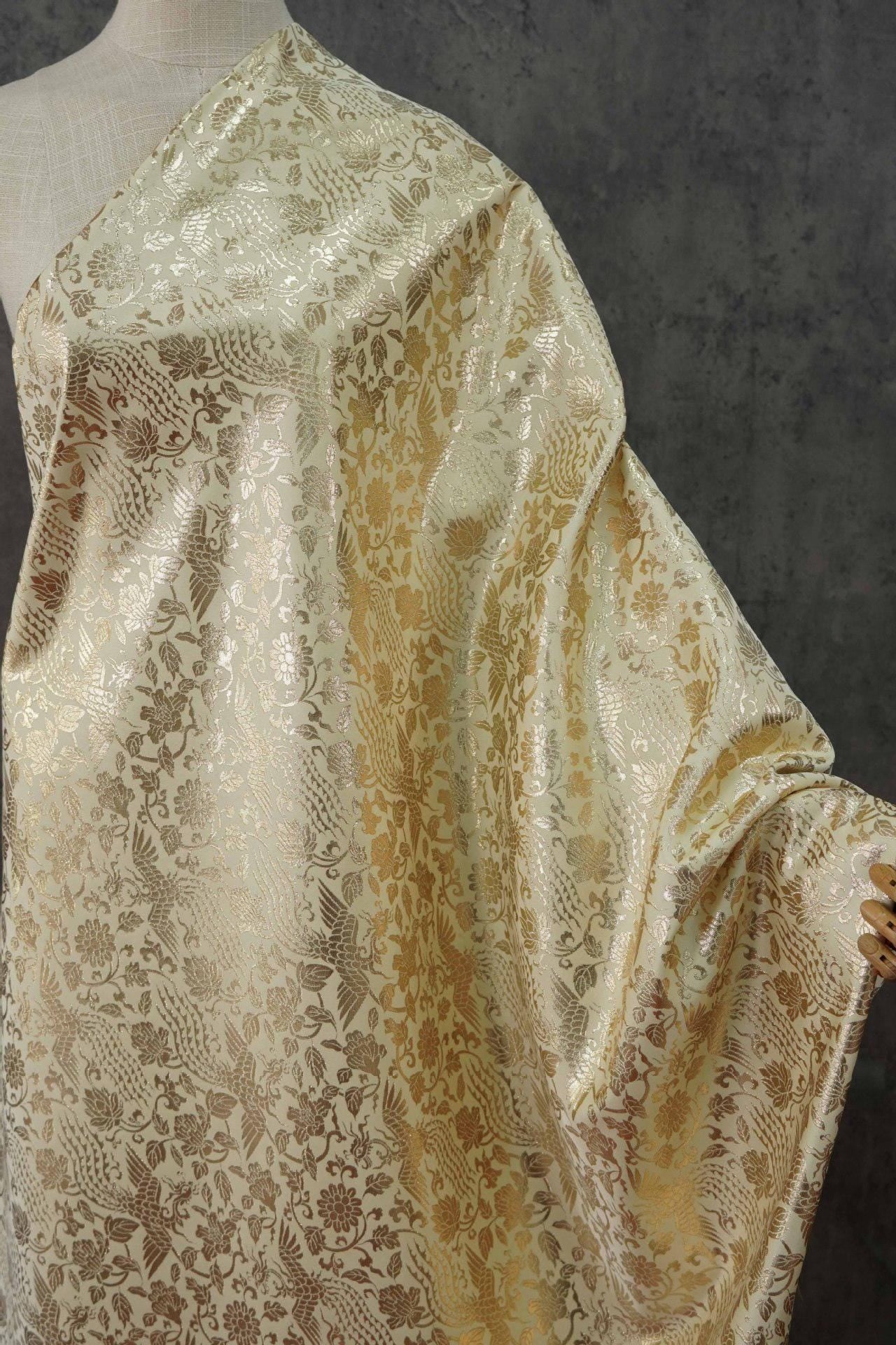 Gold Thread Jacquard Fabric: 3D Foil Flower Texture, 63" Wide - By The Meter