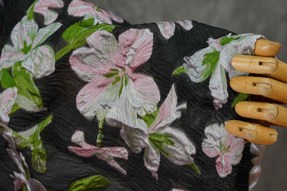 Black Embossed Floral Jacquard Fabric: Pink Flower Brocade, 55" Wide