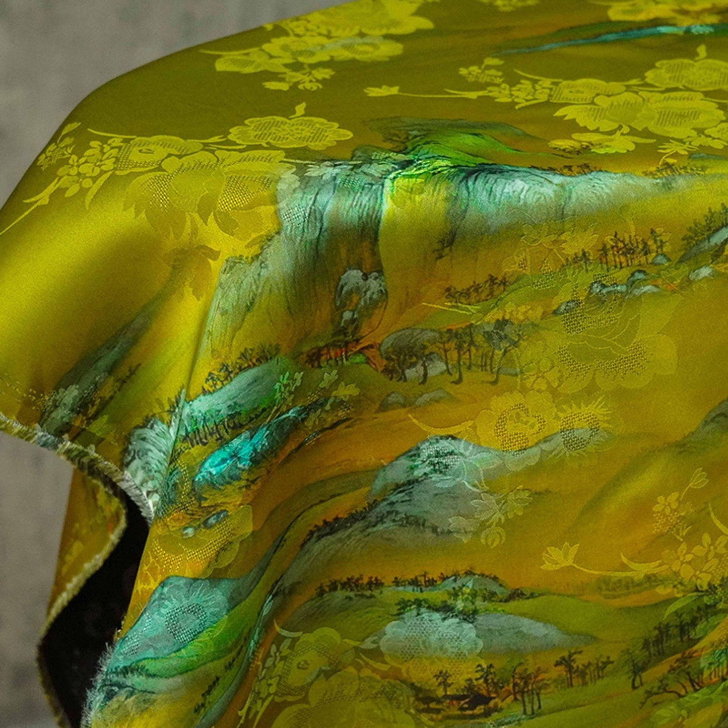 Ancient Landscape Painting Rayon Fabric: Upholstery, Costume, Scarf (55"W)