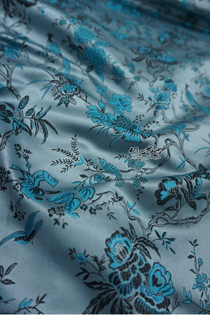 Blue Brocade Fabric: Bird & Azalea Print, 59" Wide