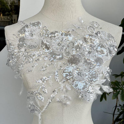 Embroidered Lace Trim: Sequined Floral Applique, Bridal Wedding Dress Fabric - By The Yard