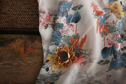 Floral Ramie Fabric: Ancient Ink Painting Print, 57" Wide