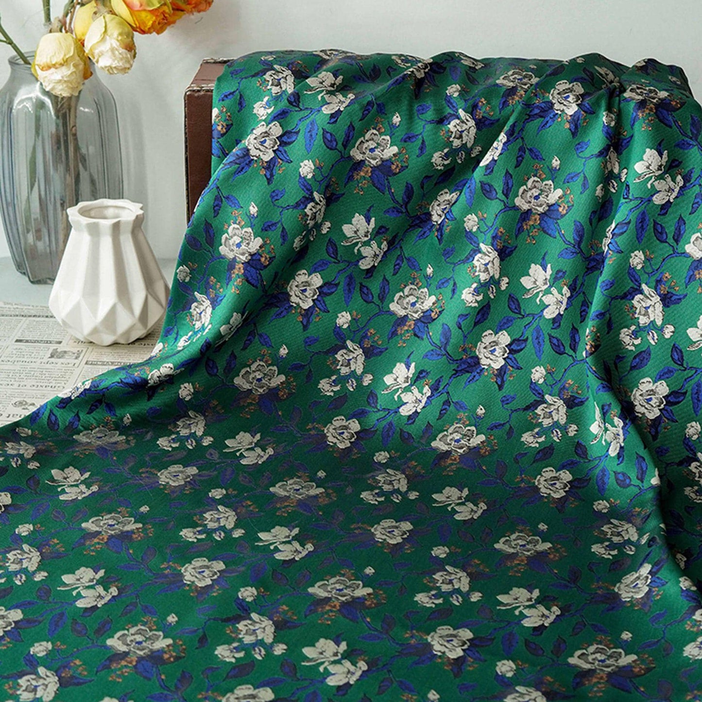 Green Camellia Jacquard Brocade Satin Fabric ��� Floral Textile for Dresses, Costumes & Home Dec"Wide