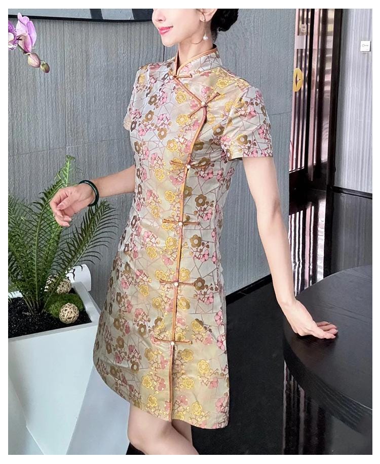 Plum Blossom Silk Brocade Fabric: Gold Cheongsam Qipao Material