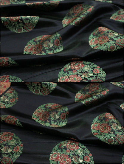 Black Floral Brocade Satin Fabric: Chinese Style (35.5" W)