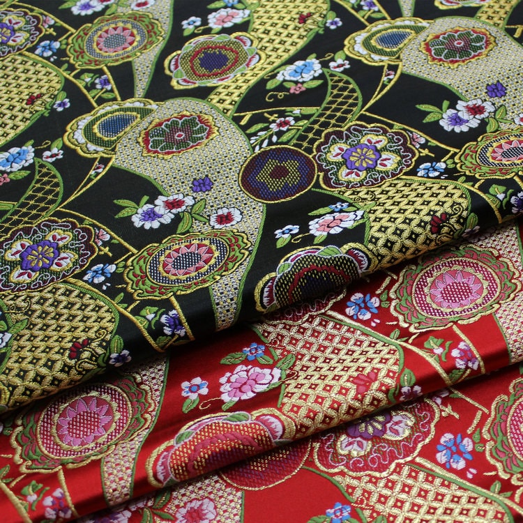 Nishijin Japanese Floral Jacquard Brocade Fabric: Black and Red Silk Rayon Blend (29.5" Width)